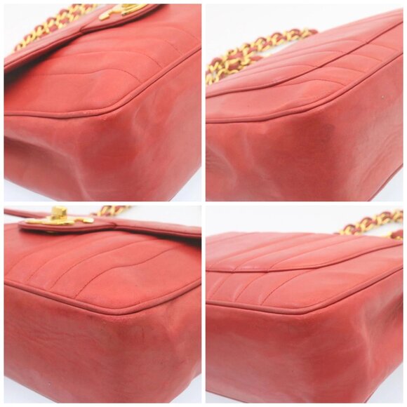 CHANEL Mademoiselle Big Coco Double Chain Shoulder Bag Lamb Skin Red Auth 29129A - Picture 14 of 16